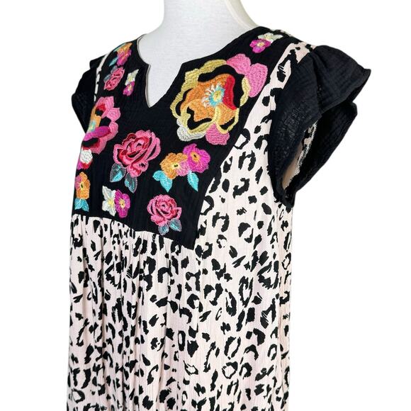 Savanna Jane Cheetah Print Flower Embroidered Mini Bohemian Tunic Shift Dress - Picture 7 of 12